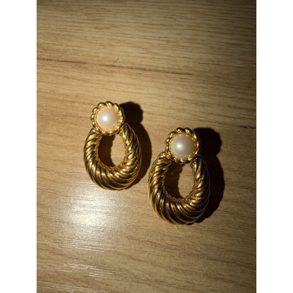 NAPIER Clip-Screw Hinged Drop Dangle Gold Plated Diagonally Ribbed Faux Pearl